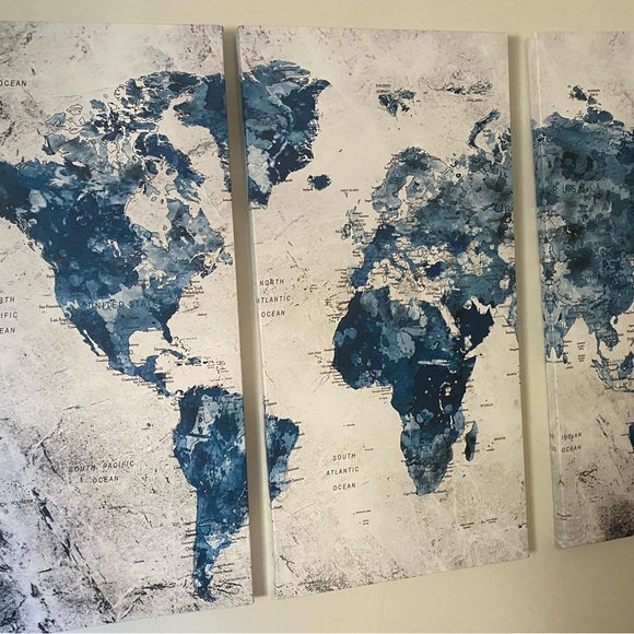3 piece, world map from Amazon. 16 WX 32H each. Gorgeous blue and gray tones. - Picture 4 of 7